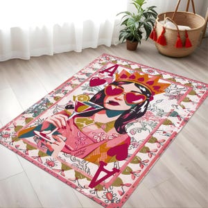 Tappeto con carte da gioco, tappeto pop art, tappeto per cameretta da ragazza, tappeto con bicchieri a forma di cuore, tappeto a tema cocktail, tappeto con carte da gioco, tappeto rosa, tappeto con grafica audace