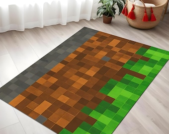 May include: A brown and green pixelated rug with a gray border. The rug is designed to look like a Minecraft landscape with dirt and grass blocks.