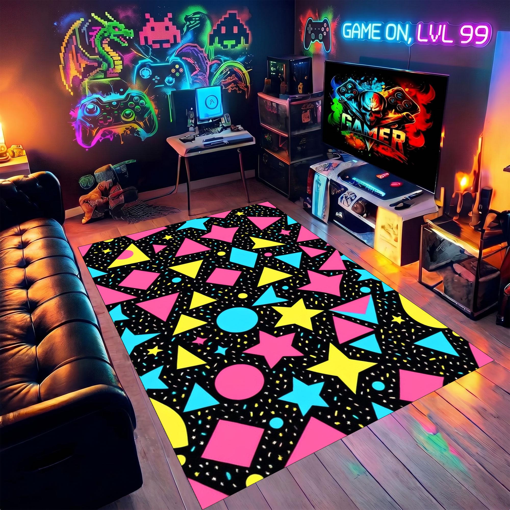 Retro Arcade Game Memphis Style Rug With Neon Pink, Yellow and