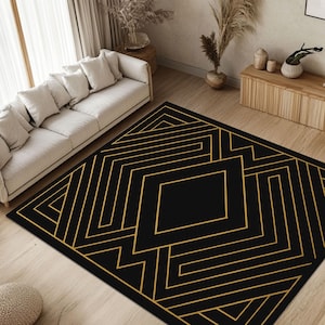 Modern Art Deco Rug Black Gold Geometric Patterned Luxury Area Carpet, Glamorous Living Room Rug, Elegant Minimal Home Decor, Dark Chic Rug