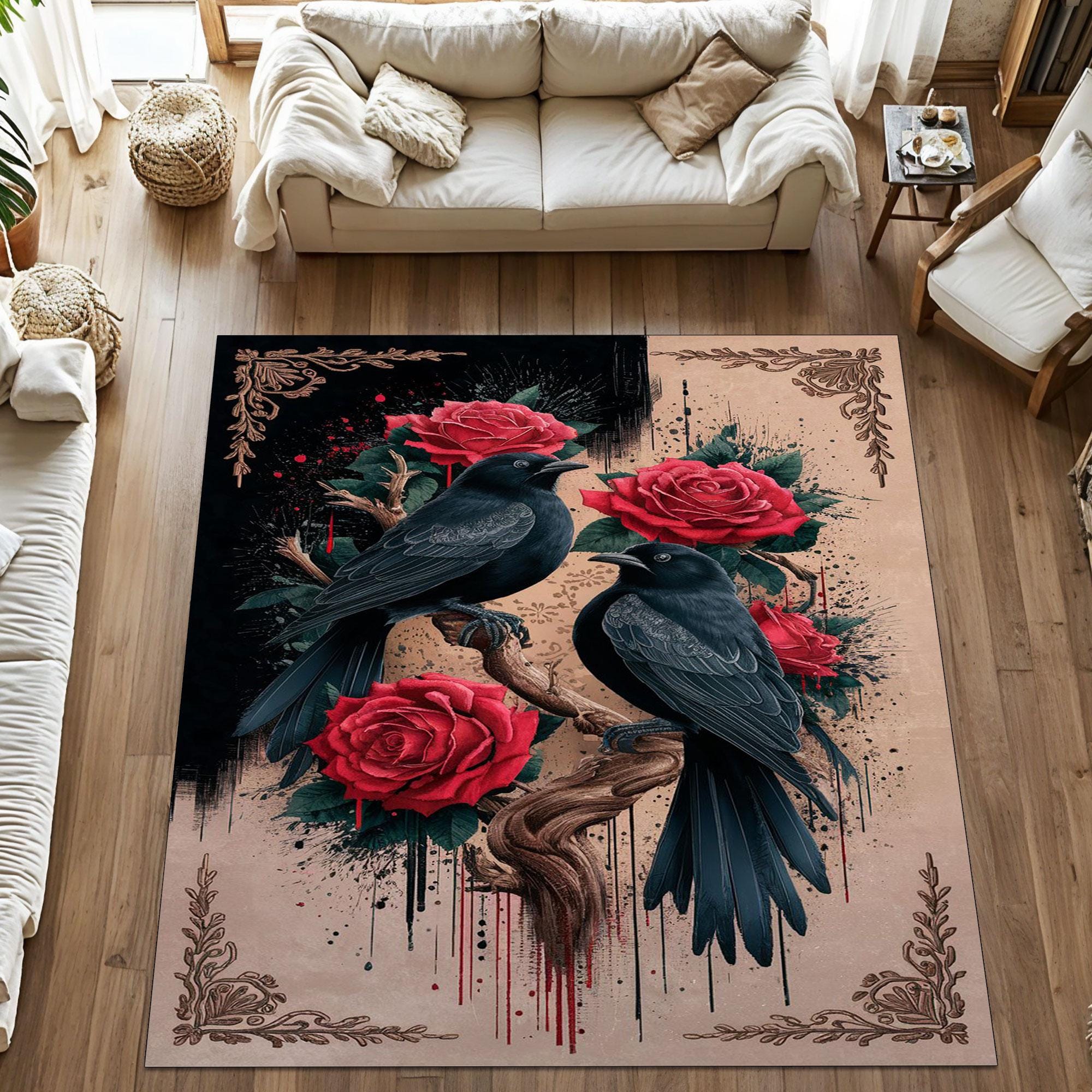 Gothic Raven and Roses Rug - Dark Floral Crow Carpet for Living