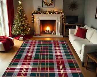 Red Green Plaid Christmas Rug, Washable Tartan Holiday Carpet