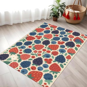 Erdbeer-Blaubeer-Teppich mit wunderlichem Fruchtmuster - Bunter Teppich für das Kinderzimmer für Spielzimmer, Küche und Kinderzimmer
