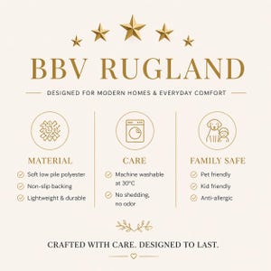 May include: An informational graphic for BBV RUGLAND featuring five gold stars at the top. It lists product details including soft low pile polyester material, machine washable care at 30&deg;C, and family safe features like pet and kid friendly.