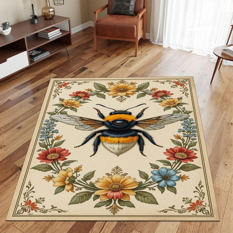 Manchester Bee Rug Bee Rug, Floral Border Rug, Vintage Nature Carpet, Cozy Cream Rug ...