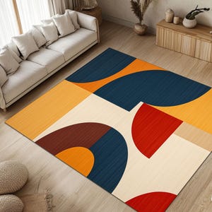 Alfombra geométrica moderna, alfombra de mediados de siglo, alfombra con decoración de bloques de color, alfombra minimalista abstracta, alfombra retro vibrante, alfombra contemporánea para sala de estar