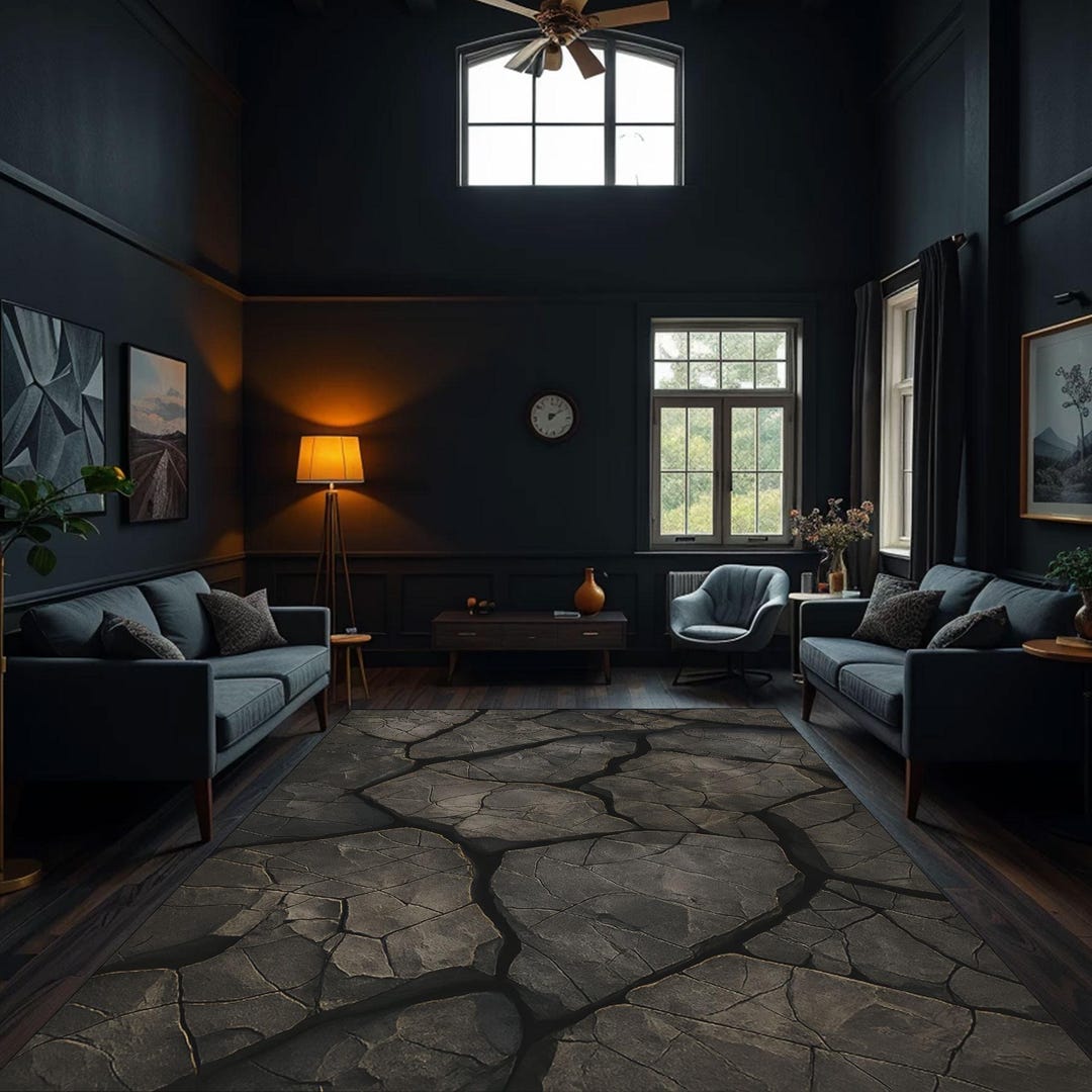 Rock Design Rug Black Cracked Stone Rug, Modern Washable 3D Rock Design Carpet, Stylish ...