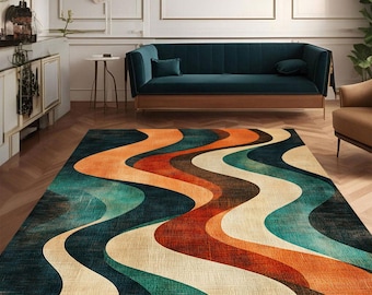 Mid Century Modern Wave Rug, Retro Abstract Area Carpet in Teal Orange and Cream, Statement Rug for Living Room