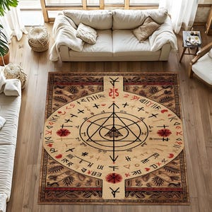 Mystic Rug, Arcane Rug, Spiritual Mat, Magic Circle Rug, Alchemy Rug, Esoteric Decor, Sacred Symbol Rug, Beige Meditation Mat,Occult Art Rug
