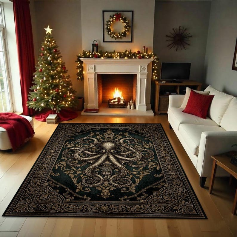 May include: A large, rectangular area rug with an octopus design in a living room setting. The rug features a dark teal background with an ornate, gold-colored octopus and decorative border. The room includes a Christmas tree, fireplace, and white sofa.