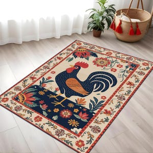 Folk Rooster Digital Rug with Floral Borders | Country-Style Colorful Rug for Farmhouse Kitchens, Cozy Dining Rooms or Rustic Decor Themes