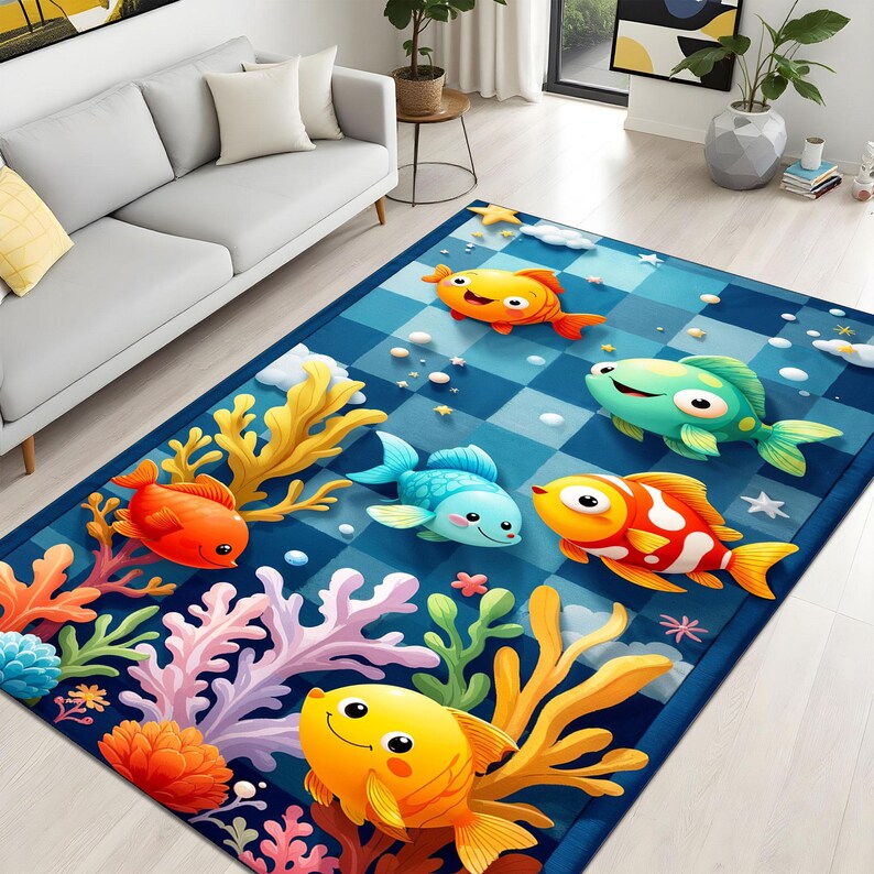 Ocean Adventure Fish Rug – Colorful Coral Reef Kids Playroom Carpet ...