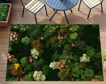 Moss Rug, Botanical Carpet, Forest Floor Mat, Nature Rug, Washable Green Decor, Garden Living Mat, Realistic Flower Rug, Indoor Outdoor Mat