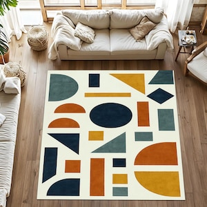 Alfombra retro, alfombra geométrica, alfombra con formas modernas, alfombra con bloques de color, decoración de mediados de siglo, alfombra abstracta para habitación, alfombra minimalista, alfombra creativa para oficina.