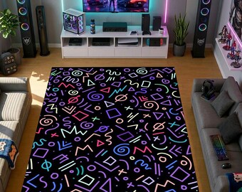 Neon rug, retro geometric mat, 80s kids rug, abstract color shapes, black background rug, teen room decor, gamer rug, arcade video game rug