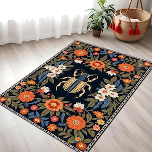 Golden Beetle Rug | Botanical Insect Digital Carpet | Nature-Inspired Floor Art with Colorful Flower Patterns for Creative Living Spaces