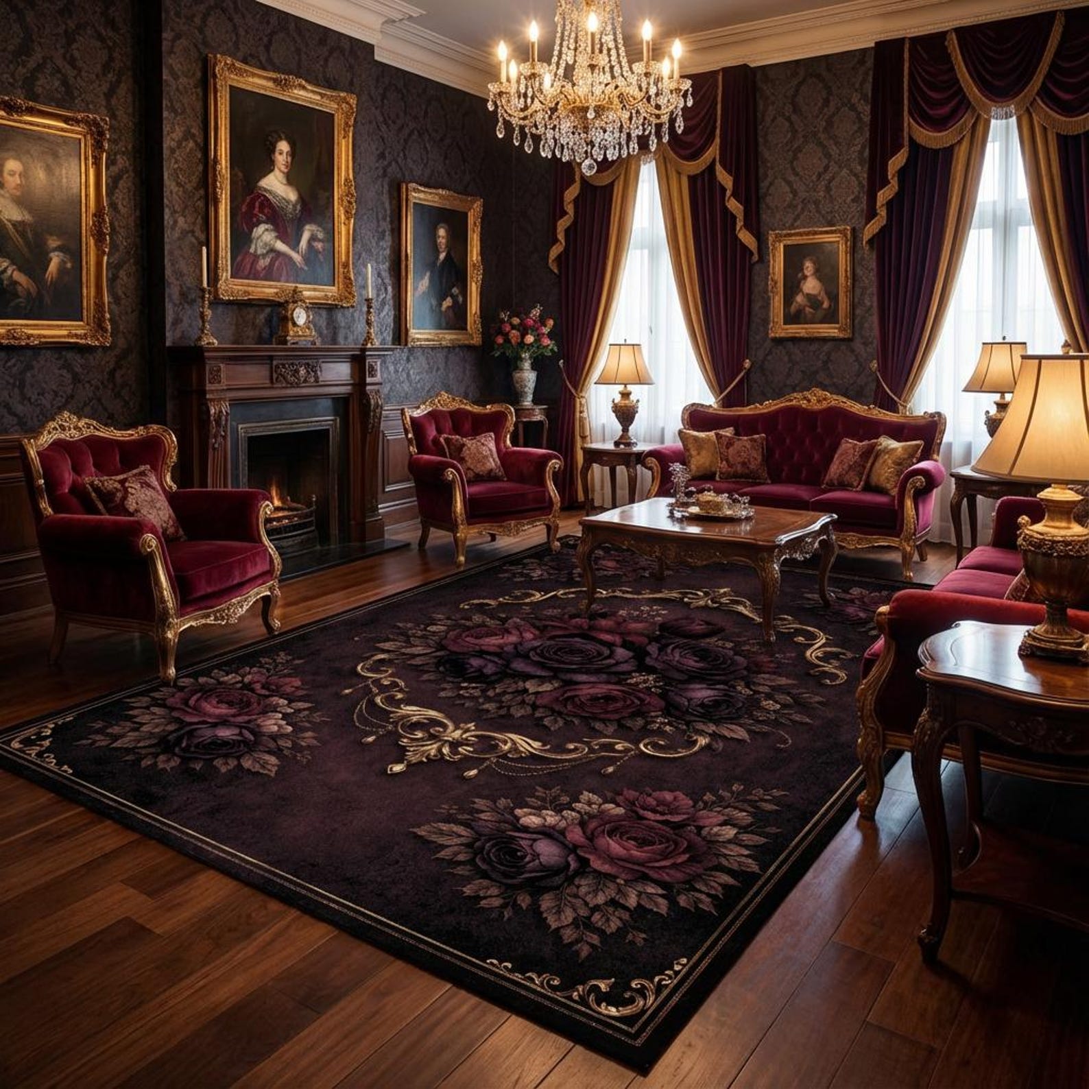 Gothic Rose Rug Dark Baroque Carpet, Victorian Floral Medallion Area ...