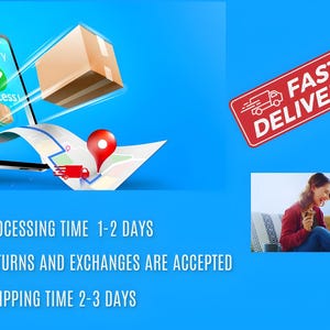 Op de afbeelding: Illustratie van een smartphone met een bezorg-app die een succesvolle bezorging laat zien. Een doos vliegt naar de telefoon, en een kaart met een rode pin is te zien. De tekst "SNELLE LEVERING" staat in een rood kader. De tekst "VERWERKINGSDUUR 1-2 DAGEN", "RETOUREN EN RUILEN ZIJN MOGELIJK" en "LEVERTIJD 2-3 DAGEN" staan met vinkjes.