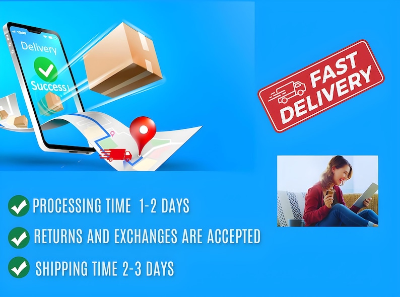 Op de afbeelding: Illustratie van een smartphone met een bezorg-app die een succesvolle bezorging laat zien. Een doos vliegt naar de telefoon, en een kaart met een rode pin is te zien. De tekst "SNELLE LEVERING" staat in een rood kader. De tekst "VERWERKINGSDUUR 1-2 DAGEN", "RETOUREN EN RUILEN ZIJN MOGELIJK" en "LEVERTIJD 2-3 DAGEN" staan met vinkjes.