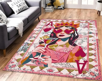 Queen Card Rug, Pop Art Rug, Teen Girl Room Rug, Heart Glasses Rug, Cocktail Theme Rug, Playing Card Decor, Pink Room Rug, Bold Graphic Rug