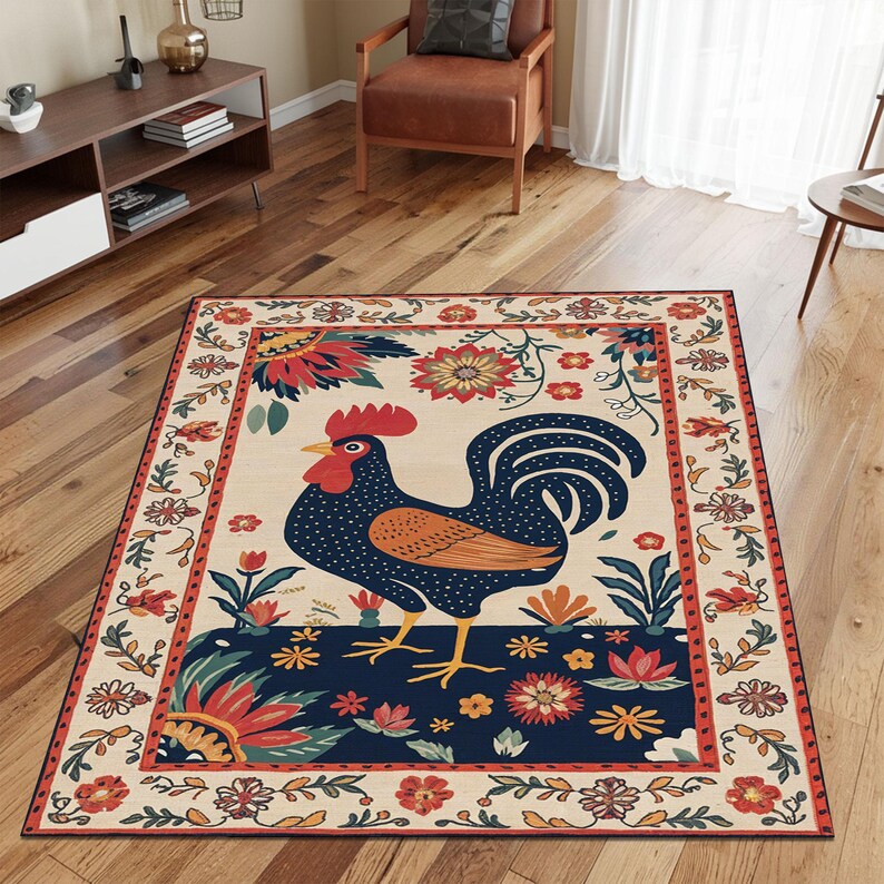 Folk Rooster Digital Rug With Floral Borders | Country-style Colorful ...