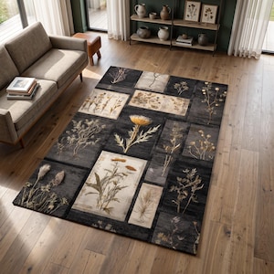 Tapis patchwork botanique, tapis d'herbier sombre, décoration pour étude de plantes sauvages, tapis de salon style cottagecore et dark cadence