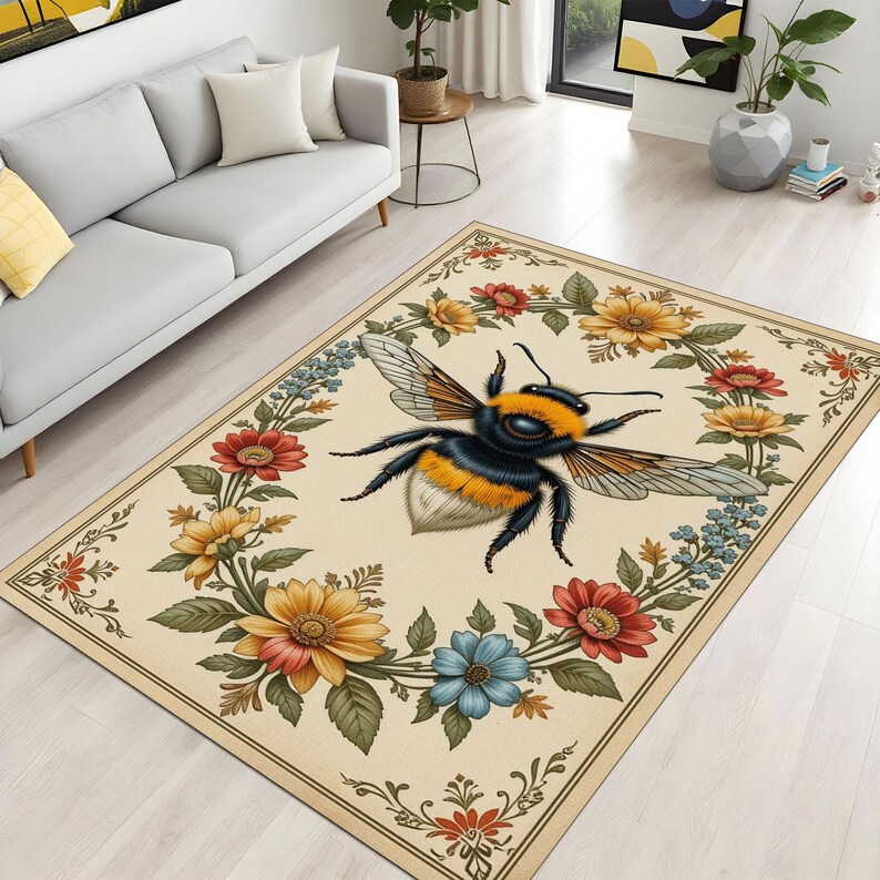 Manchester Bee Rug Bee Rug, Floral Border Rug, Vintage Nature Carpet, Cozy Cream Rug ...