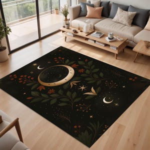 Moon rug, celestial carpet, botanical floor mat, witchy room decor, spiritual rug, moon phase rug, floral cosmic mat, boho star carpet