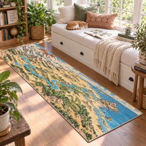 May include: A long rectangular area rug featuring a detailed landscape illustration with a winding blue river, green forests, rocky terrain, and a large dragon figure integrated into the scenery in shades of blue, green, tan, and brown.