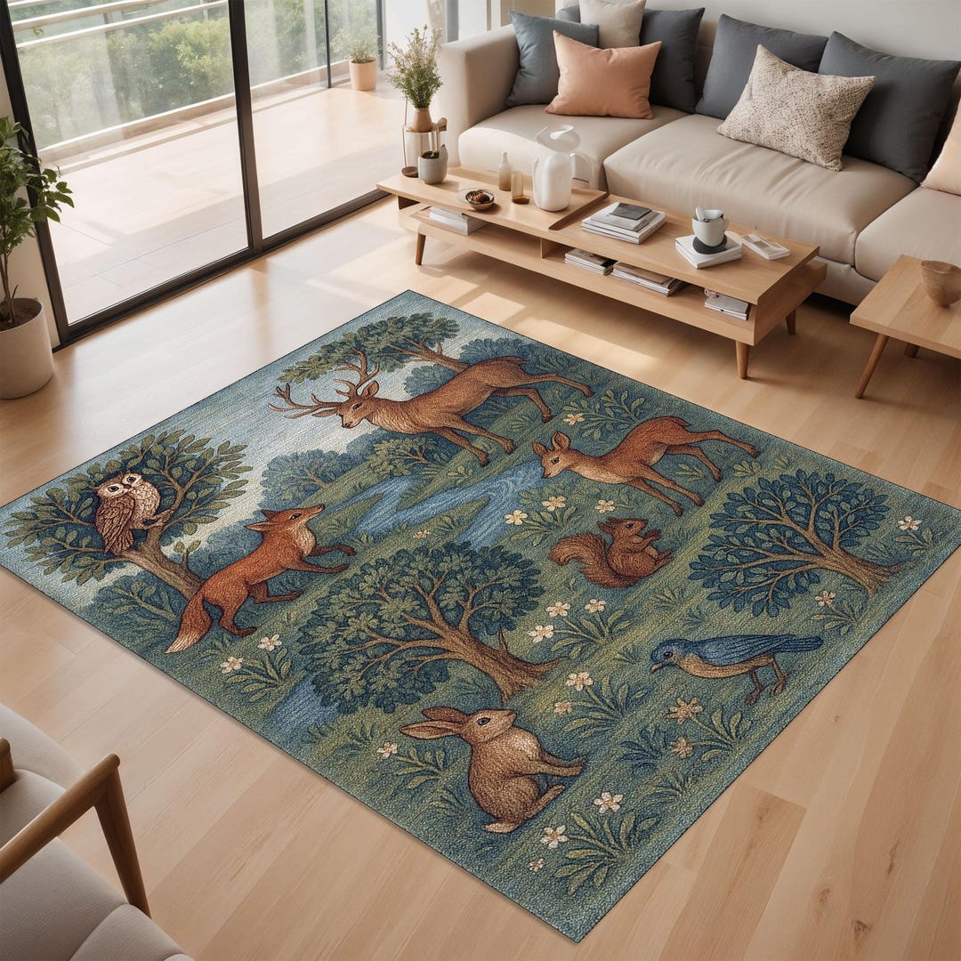 Woodland Rug, Animal Gobelin Mat, Fox Deer Rabbit Rug, Nursery Decor ...