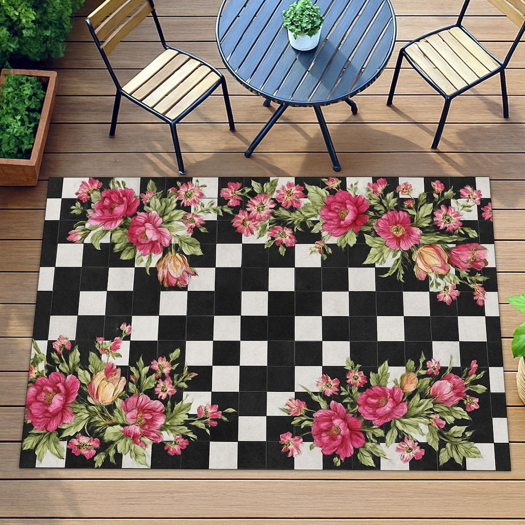 Checkerboard Floral Outdoor Rug, Pink Flowers on Black White Patio ...