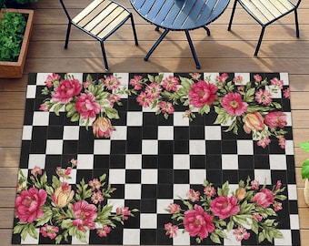 Checkerboard Floral Outdoor Rug, Pink Flowers on Black White Patio Carpet, Washable Area Mat for Porch, Balcony, Cottagecore Garden Decor