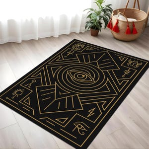 Mystic Black Rug with Gold Occult Symbols – Eye of Horus and Geometric Esoteric Carpet for Boho or Spiritual Interior Design