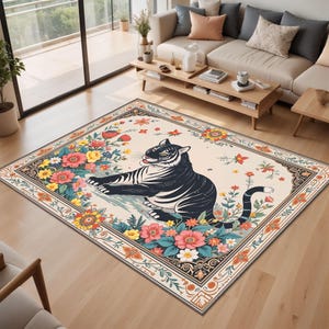 Oriental Tiger Rug With Colorful Floral Border And Playful Tiger Illustration, Artistic Asian Fusion Rug For Unique Living Room Or Entryway
