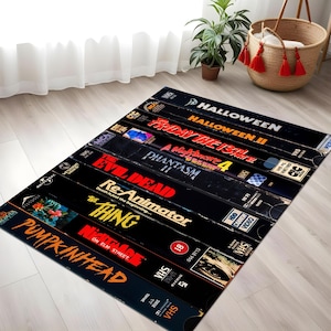 VHS-tapijt, halloweenfilmserie, horrorfilmtapijt, retrofilmtapijt, filmkamerdecor, aanpasbaar tapijt, antisliptapijt, populair tapijt, cadeaukleed