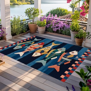May include: A rectangular area rug featuring a dark blue background with a pattern of five stylized fish in shades of red, yellow, green, and blue. The rug is bordered by a colorful checkered pattern of red, orange, and blue squares.