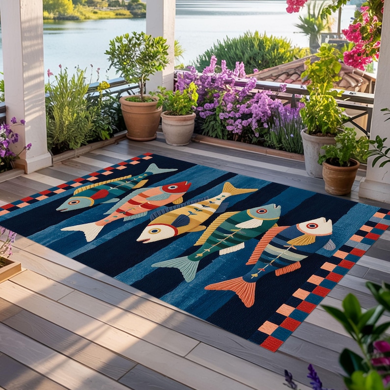 May include: A rectangular area rug featuring a dark blue background with a pattern of five stylized fish in shades of red, yellow, green, and blue. The rug is bordered by a colorful checkered pattern of red, orange, and blue squares.