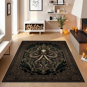 May include: A rectangular area rug with a dark teal background and a detailed octopus design in shades of brown and gold. The rug has an ornate border and is placed on a wooden floor, adding a touch of elegance to the room.