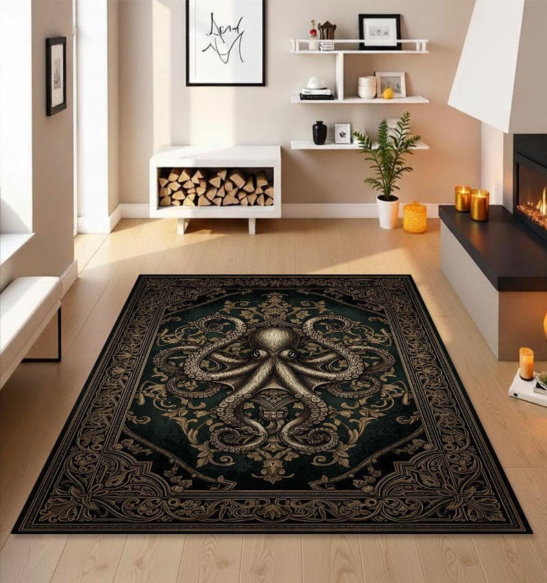 May include: A rectangular area rug with a dark teal background and a detailed octopus design in shades of brown and gold. The rug has an ornate border and is placed on a wooden floor, adding a touch of elegance to the room.