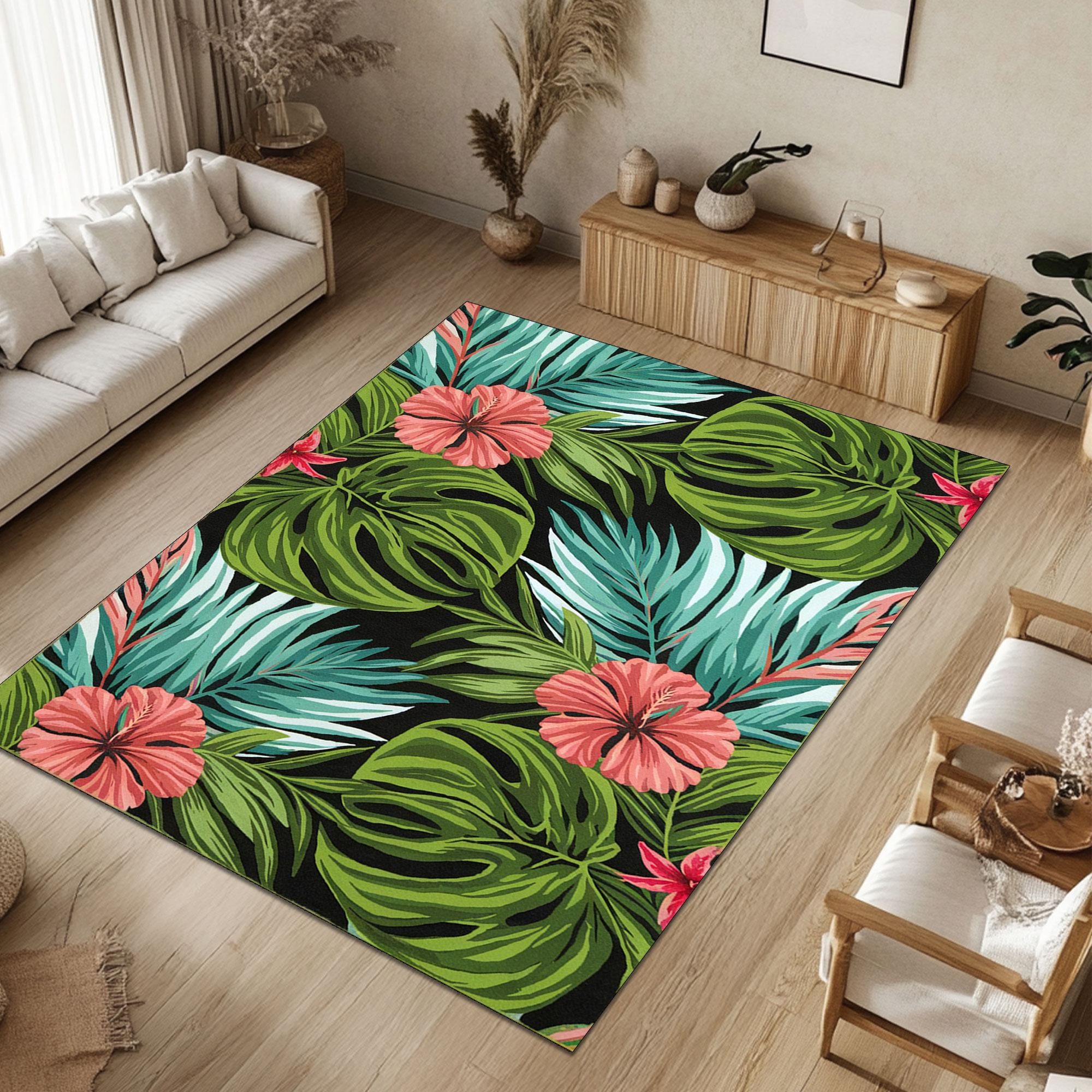 Hibiscus Rug Tropical Rug, Botanical Carpet, Jungle Leaf Mat, Hibiscus Flower Decor ...