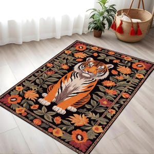Tiger Rug, Botanical Animal Mat, Oriental Floral Carpet, Wild Jungle Rug, Fierce Cat Decor, Wildlife Rug, Bold Home Accent, Exotic Floor Art