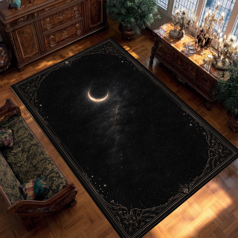 Moon Knight Rug Gothic Crescent Moon Rug Carpet, Black Gold Celestial Area Rug for ...
