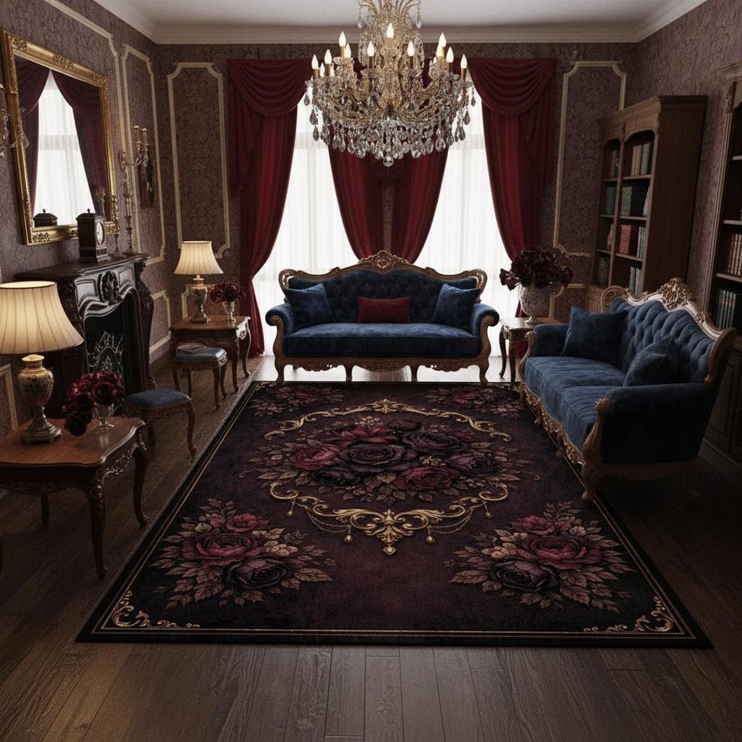 Gothic Rose Rug Dark Baroque Carpet, Victorian Floral Medallion Area ...