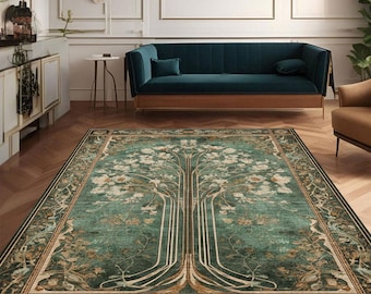 Art Nouveau Floral Area Rug Green Botanical Vintage Carpet Elegant Nature Flower Design Living Room Bedroom Classic Home Floor Decor