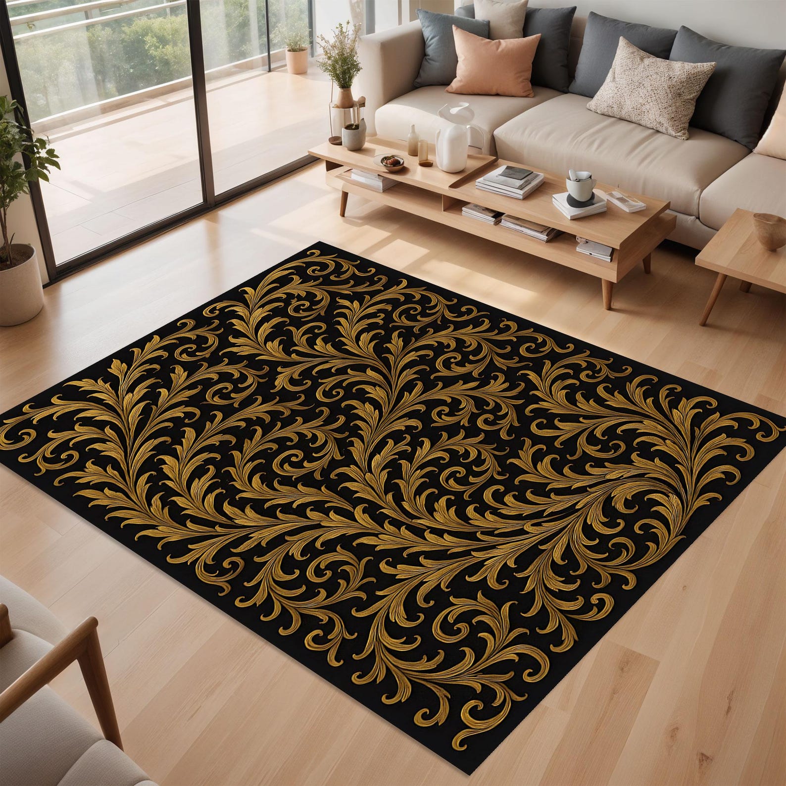 Round Baroque Rug Black and Gold Baroque Rug, Ornate Swirl Leaf Pattern, Sophisticated ...