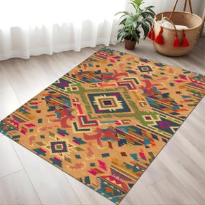 Southwestern Tribal Area Rug with Bold Geometric Patterns, Rustic Boho Rug Design in Warm Earth Tones for Cozy Homes, Ethnic Cultural Motifs