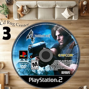 May include: Circular rug with a Resident Evil 4 DVD design. The rug features a blue and black colour scheme with a graphic of a man holding a gun. The PlayStation 2 logo is at the bottom.