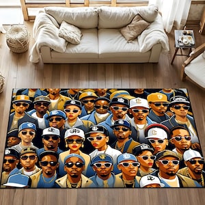 Hip Hop Portrait Rug With Urban Cartoon Faces, Rap Icon Inspired Rug For Music Lovers, Pop Art Street Style Decor For Teen Rooms & Studios