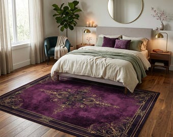 Purple Gothic Area Rug Dark Academia Victorian Damask Carpet Moody Vintage Bedroom Living Room Decor Rug
