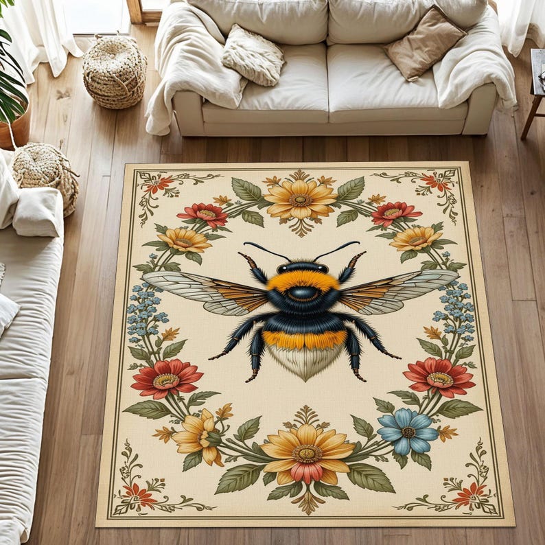 Manchester Bee Rug Bee Rug, Floral Border Rug, Vintage Nature Carpet, Cozy Cream Rug ...